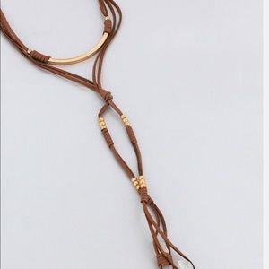 Faux Leather Gold Bar Quartz Tassel Necklace NEW